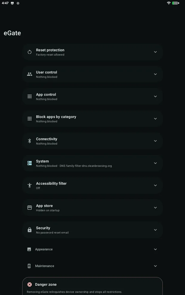 eGate settings screen
