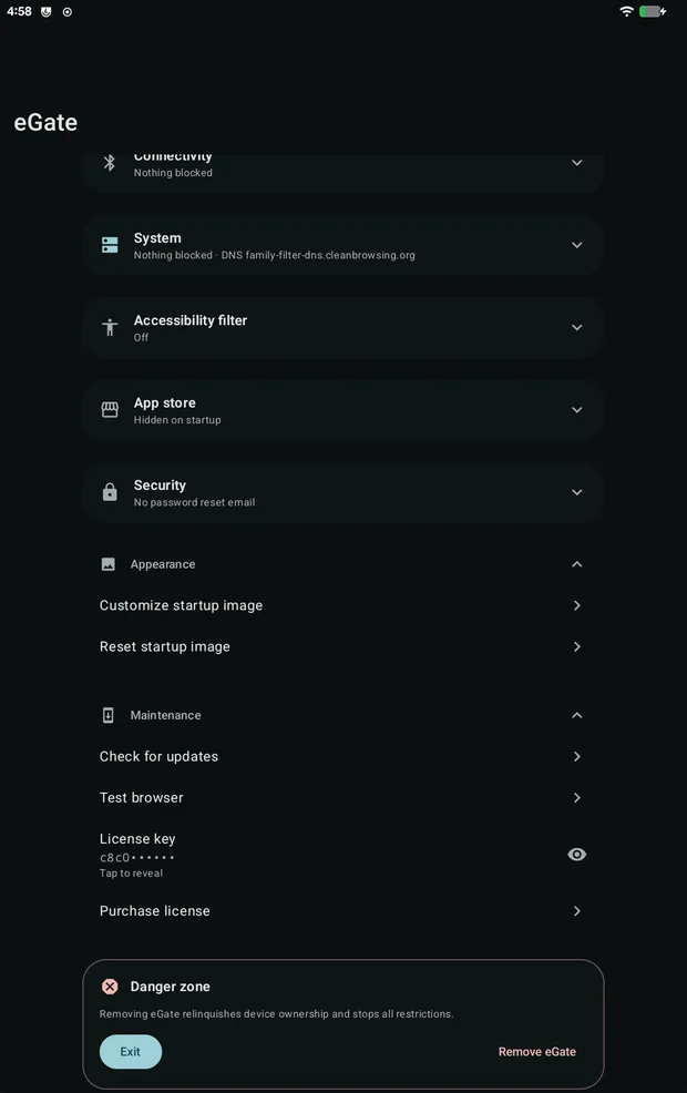 Appearance and maintenance settings