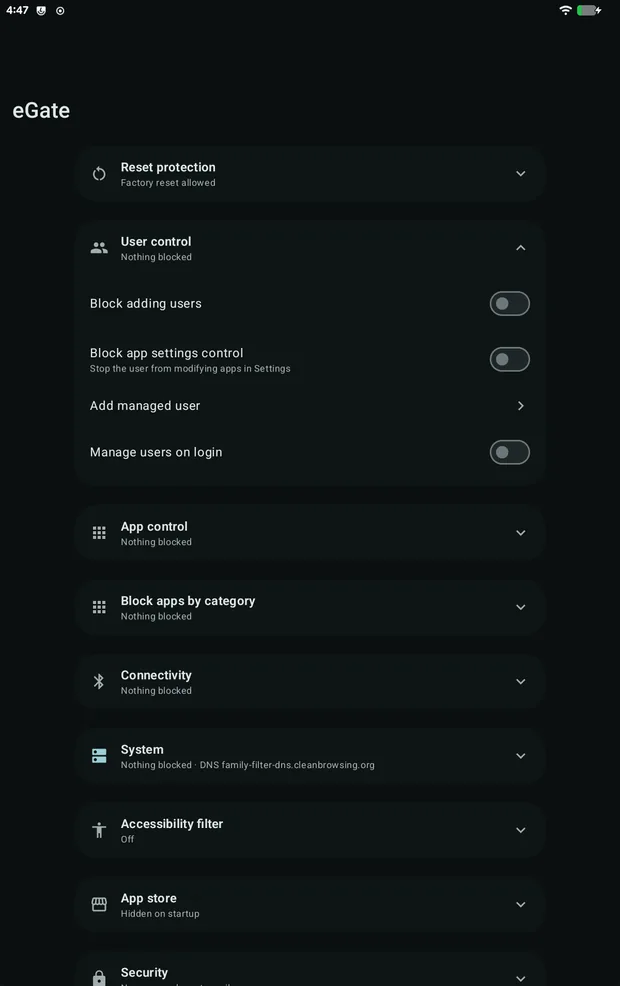 User control settings